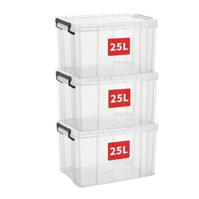 Afbeelding van Cetomo 25L x 3 opbergdozen, stapelbare opbergdoos met deksels, zware container deksel versterkte hoeken, verticale zijden en clipsluiting, duurzaam, kunststof, helder, 25 l, stuks