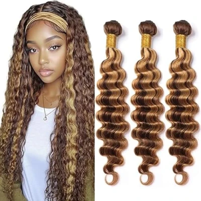 Afbeelding van Tuheers Long Hair Bundles Blonde P427 Highlight Human for Woman Deep Wave Extensions 3 Real Double Weft 34 Inches Virgin