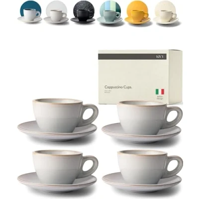 Afbeelding van KIVY Cappuccinokopjes, set van 4 x 180 ml, handgemaakt dikwandig aardewerk, cappuccino kopjes met schotel, elegante koffiekopjes, groot, grijs