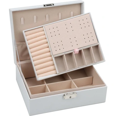Afbeelding van 2 laags Sieradendoos juwelendoos dames Sieradendoosje Opbergdoos Sieradenbox luxe PU leer Wit