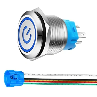 Afbeelding van Gebildet 0.87&#039;&#039;/22mm Roestvrijstalen Vergrendelende Drukknopschakelaar 12V 24V 5A Voedingssymbool LED 1NO1NC SPDT AAN UIT Waterdichte Tuimelschakelaar met Draadstekker(Blauwe LED)