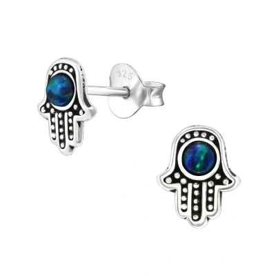 Afbeelding van JoyS Zilveren Hamsa oorbellen 8 x 7 mm blauw geoxideerd oorknoppen