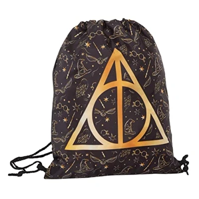 Afbeelding van Harry Potter trekkoord Tas Kids Deathly Hallows PE Kit Trainer Gym Bag Zwemmen School Rugzak, zwart/goud, Eén maat, met