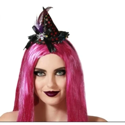 Afbeelding van Halloween heksenhoed mini hoedje op diadeem one size roze sterren meisjes/dames Verkleedhoofddeksels