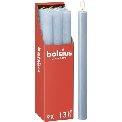 Afbeelding van Bolsius lichtblauw rustiek tafelkaarsen dinerkaarsen 9 stuks (13 uur) Sky Blue