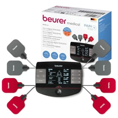 Afbeelding van Beurer EM 89 digitaal TENS/EMS apparaat met verwarmingsfunctie, 4 in 1 functie voor pijntherapie, spierstimulatie, massage en warmtetherapie, afzonderlijk regelbare kanalen, 8 elektroden accu