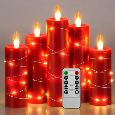 Afbeelding van Da by Vlamloze kaarsen 5 pack Fairy String Lights LED Kaarsen, 360 graden kijkhoek, met sterrenlichtslingers, 10 toetsen afstandsbediening, 24 uurs timerfunctie, dansende vlam, echte wax (rood