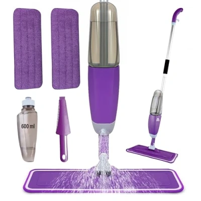 Afbeelding van ARSUK Vloermop met Sprayfunctie 360 Draaibare Spray Mop Inclusief 600ml Navulfles, 2 Reserve Mopkoppen en Schraper voor Laminaat Houten Tegels