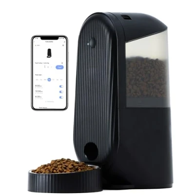 Afbeelding van FUKUMARU Voederautomaat voor katten, 4 liter, kattenvoer, wifi, automatische voederdispenser katten met op maat gemaakt tijdschema, werkt batterijen en bekabelde elektrisch, zwart