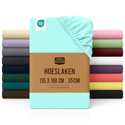 Afbeelding van Utopia Bedding Hoeslaken, 35 cm Diepe, Eenvoudig onderhoud Zachte Geborstelde Microvezel Stof, Krimp en Vervaagt Bestendig (135 x 190 cm, Spa blauw)
