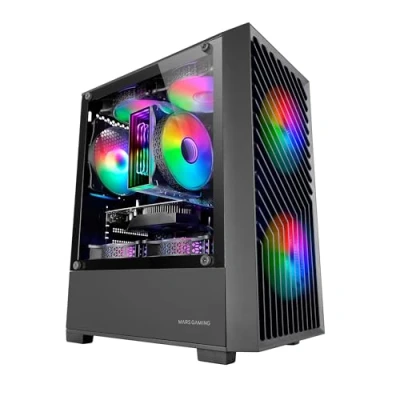 Afbeelding van MARSGAMING MC VORTEX, MicroATX Gaming Behuizing, Geometrisch Mesh Front, Geharde Glazen Zijpaneel, 3x FRGB Rainbow 120mm Ventilatoren, Compacte Micro ATX Behuizing met Dual Chamber Design, Zwart