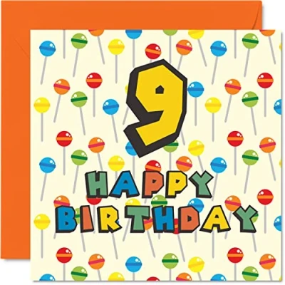 Afbeelding van 9e verjaardagskaart unisex Lolly Sweets Candy Happy Birthday Card 9 jaar oude zoon dochter broer zus kleinzoon kleindochter nichtje neef neef, 145 mm x negende verjaardag wenskaart