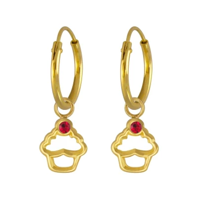 Afbeelding van JoyS Zilveren cupcake bedel oorbellen oorringen kristal rood 14k goudplating