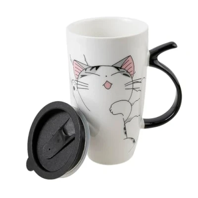Afbeelding van lachineuse Gigantische kattenmok Kawaii Funny Cat 600 ml Grote XXL witte porseleinen mok Japanse thee en koffiemok met geïsoleerd deksel grappige kat cadeau idee Japan Azië
