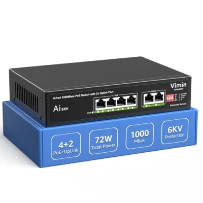 Afbeelding van 4 poorts Gigabit PoE switch met 2 uplinkpoorten, VIMIN Unmanaged 10/100/1000 Mbps netwerk AI Watchdog, VLAN, 250 m, ondersteunt IEEE802.3af/at, 72 W