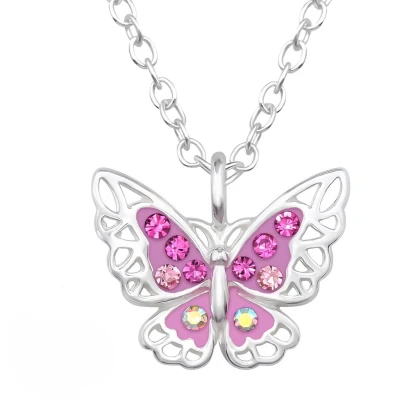 Afbeelding van JoyS Zilveren vlinder hanger met ketting zilver roze kristalletjes 39 cm (extra oogje op 36 cm) voor kinderen