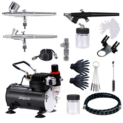 Afbeelding van SAGUD airbrush kit met compressor, inclusief 3 airbrushs 0,2 mm 0,3 0,8 en accessoires reinigingsset