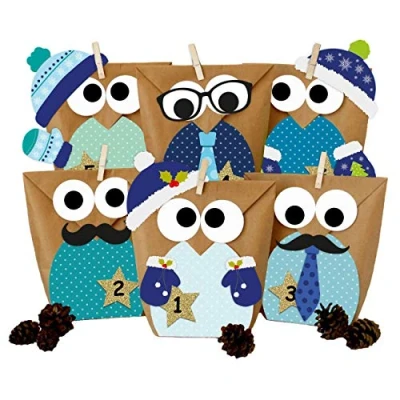 Afbeelding van Papierdrachen DIY Adventskalender om te vullen Kerst Uilen 2021 Set Blauw met extra decoratie zelf knutselen voor kinderen jongens.