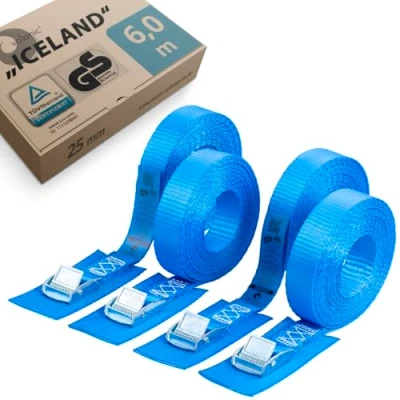 Afbeelding van valonic ICELAND Spanbanden, TÜV Rheinl. / GS gecertificeerd, met pad, 6m, 25mm, 250Kg, EN 12195 2 4 st. spanband klemslot voor dakkoffer, SUP, kajak, wasmachine, blauw