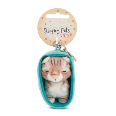 Afbeelding van NICI 61608 Sleutelhanger &quot;Sleeping Pets&quot; kat met tijgerstrepen, 8 cm, in mandje, bruin, trouwe metgezel voor rugzak of tas, sleutelhouder klein en groot