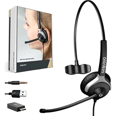 Afbeelding van GEQUDIO WA9007 [3 in 1] Zakelijke headset met USB A, C en 3,5 mm aansluiting, compatibel pc, Mac smartphone, vervangingskussen voor hoofdtelefoon microfoon, bijzonder licht, 60 g