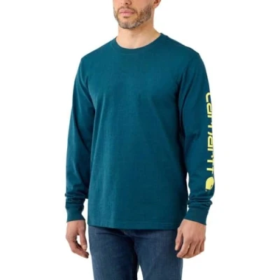 Afbeelding van Carhartt Heren Relaxed Fit Heavyweight Long Sleeve Logo Graphic T Shirt, Kleur: Night Blue Heather, Maat: XL, Donkerblauw, XL