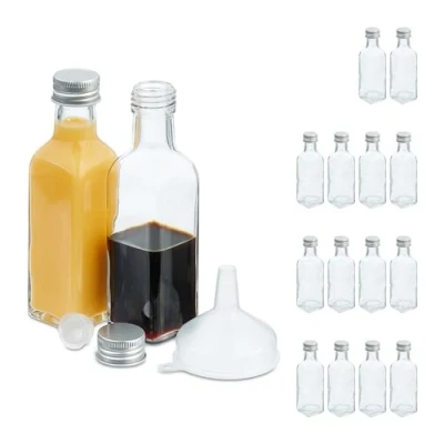 Afbeelding van Relaxdays glazen flesjes, set van 16, 100 ml, mini flessen om te vullen, schroefdop &amp; kurk, olie, transparant/zilver