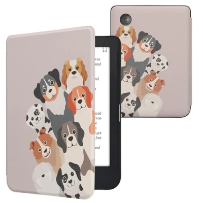 Afbeelding van kwmobile E reader hoesje geschikt voor Kobo Clara 2E hoes flip case met magnetische sluiting Ereader cover Grappige Honden design in bruin / wit taupe