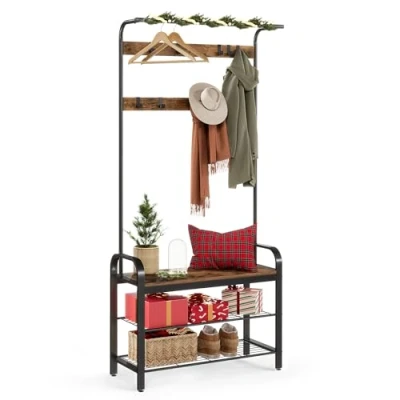 Afbeelding van VASAGLE Kapstok, garderobe, ingangsmeubel, met afneembare haken, bank en schoenenrek, hoogte 183 cm, metalen frame, industriële stijl, rustiek bruin zwart HSR400B01