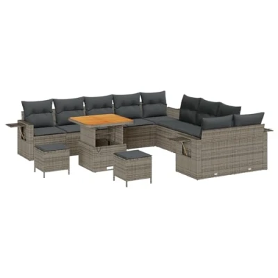 Afbeelding van vidaXL 13 delige Tuin Sofa Set met Kussens Grijs Poly Rattan Acacia, 3 Eetset Acacia