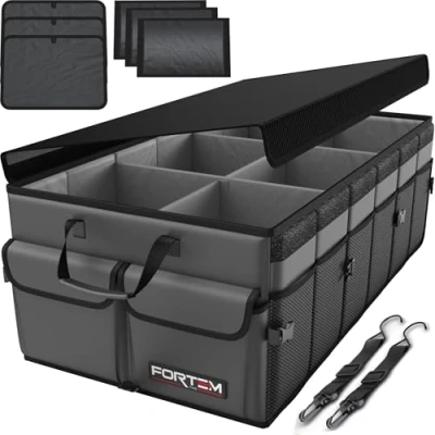 Afbeelding van FORTEM Auto Organizer, Kofferbak Achterbak Opvouwbare Organizer met Compartimenten, Antislip Bodem, Verstelbare Bevestigingsriempjes, Opvouwbaar Deksel (Grijs, X Large)