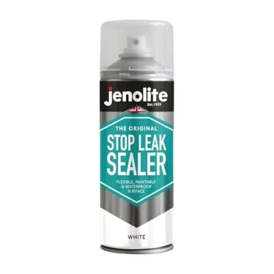 Afbeelding van JENOLITE Stop Leak Afdichtmiddelspray WIT Waterdichte kit Vult, sluit af en stopt lekken Dakgoten, platte daken, regenpijpen, ramen 400 ml