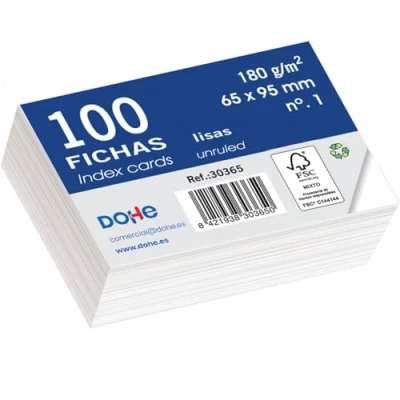 Afbeelding van Dohe Gladde indexkaarten van karton, 100 stuks, kaarten om te schrijven, afmetingen 9,5 x 6,5 cm, 180 g/m², nr. 1, kantoormateriaal, wit