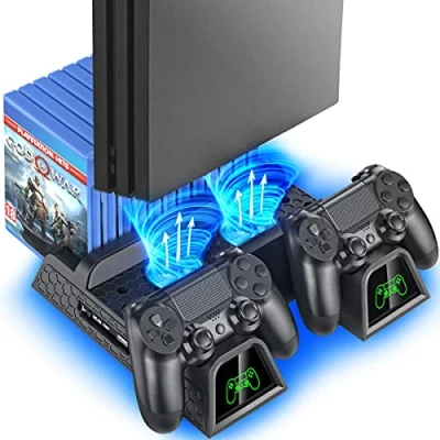 Afbeelding van OIVO PS4 standaard met koelventilatorkoeler voor Playstation 4/PS4 Slim/PS4 Pro, Pro verticale controllerlader, dockstation en 12 game sleuven