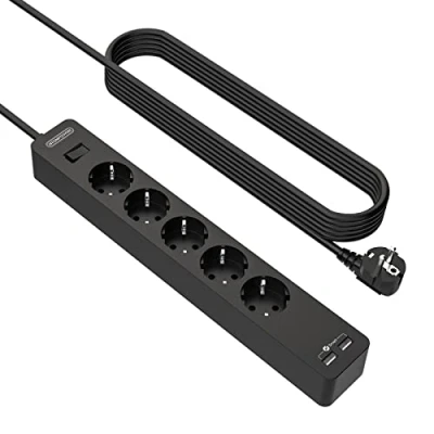 Afbeelding van NTONPOWER 5 voudige stekkerdoos 3 m met USB, meervoudige overspanningsbeveiliging wandmontage gebruik lijm, lange verlengkabel, kinderbeveiliging, zwart, herbruikbaar