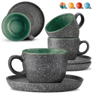 Afbeelding van Cosumy Set van 4 Espressokopjes Keramiek met Schoteltjes 90 ml Dikwandig Steengoed Handgemaakte Reactieve Glazuur Houdt Warmte Lang Vast (Groen)