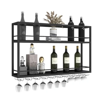 Afbeelding van DSVONAUS Industrieel wijnrek met glazen houder, zwart metalen flessenhouder, multifunctioneel wijnrek, 2 traps voor thuis, bar, eetkamer, keuken (140 x 20 65 cm)