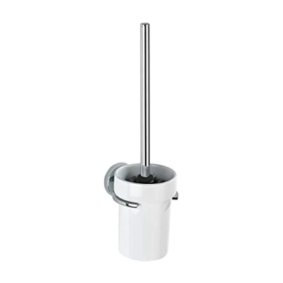 Afbeelding van WENKO Vacuum Loc® WC garnituur Capri, decoratieve borstelhouder van wit keramiek gecombineerd met roestvrij zinkdrukgieten, incl. borstel, bevestiging zonder boren, 11 x 37 14,5 cm, wit/zilver