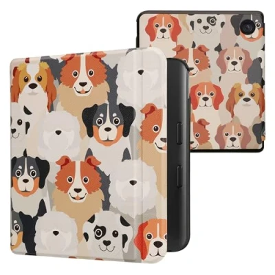 Afbeelding van kwmobile E reader hoesje geschikt voor Kobo Libra Colour hoes flip case met magnetische sluiting Ereader cover Honden Ontwerp design in wit / lichtbruin grijs
