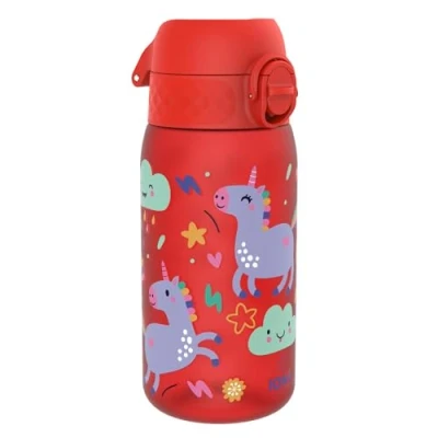 Afbeelding van ION8 Kinder Waterfles, 350 ml/12 oz, Lekvrij, Makkelijk te Openen, Veilige Vergrendeling, Vaatwasmachinebestendig, BPA Vrij, Draaghandvat, Schoon Maken, Geurvrij, Rood Eenhoorns
