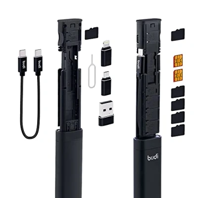 Afbeelding van Mcbazel BUDI 9 IN 1 multifunctionele datakabel, simkaart, opberghoes, datalijn, USB SD kaart, opbergdoos met Type C oplaadadapter, micro adapter, kabel