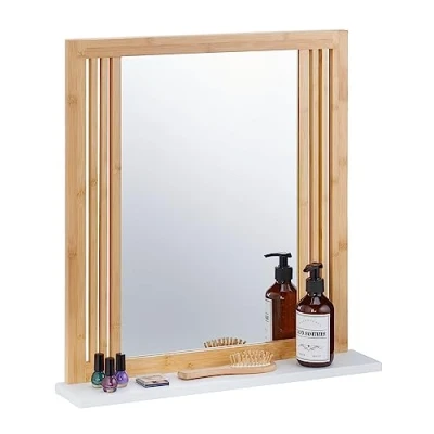 Afbeelding van badkamerspiegel met plankje bamboe MDF rechthoekig 56,5 x 54 10 cm natuur/wit