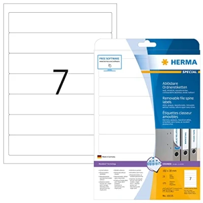 Afbeelding van HERMA 10155 rugelabels A4 afneembaar, kort/smal (192 x 38 mm, 25 vellen, papier, mat) zelfklevend, bedrukbaar, verwijderbaar en opnieuw klevende mapetikettes, 175 etiketten voor printer, wit