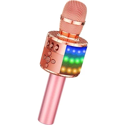 Afbeelding van BONAOK Draadloze Bluetooth Karaoke Microfoon met Stuurbare LED Lampen, Draagbare Machine Luidspreker,Verjaardags Feest, Cadeau Speelgoed voor iPhone/Android pc (Roségoud Plus）