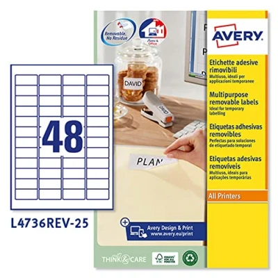 Afbeelding van Avery L4736REV 25 Zelfklevende verwijderbare mini etiketten, 48 etiketten per A4 vel wit, 45,7 x 21,2 mm