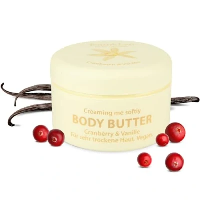 Afbeelding van Jean &amp; Len Body Butter Cranberry Vanille, verzorgt de huid voldoende met vocht, zacht smeltende textuur, opwindende, zoete geur, veganistische formule, zonder parabenen en siliconen, 200 ml