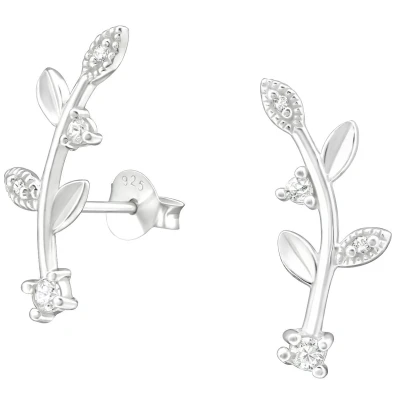 Afbeelding van JoyS Zilveren takje met blad oorbellen 7 x 19 mm zirkonia oorknoppen