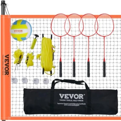 Afbeelding van VEVOR volleybalnet In hoogte verstelbaar badmintonnet, 36&quot; x 370&quot; Draagbaar strandvolleybalnet, Oranje Opvouwbaar met volleybal, draagtas en badmintonracket