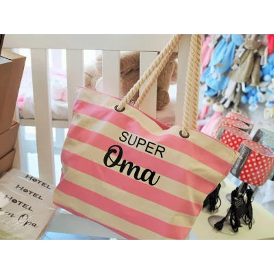 Afbeelding van Strandtas super oma geschenk beach bag pink/natural handgrepen uit touw