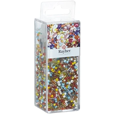 Afbeelding van Rayher 24086000 pailletten /glasparelmix, kleurrijke mix, 90 g en 50 m draad 0,3 mm diameter, knutselkralen, rocailles, pailletten, waxkralen, rijgdraad, 12,7 x 4,4 4,0 cm